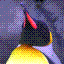 A close-up of a king penguin looking upwards, showing its black head, bright red-orange beak, and organge-yellow patches on its neck against a blurred slate grey background.